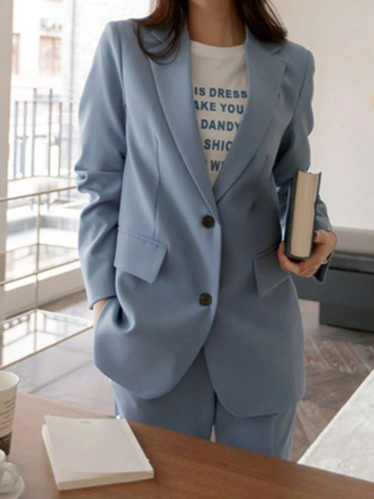 

Fashion Korean Women Workwear Blazer Pantsuit Casual Jacket & High Waist Pant 2 Pieces Set Female Business Elegant Trousers Suit