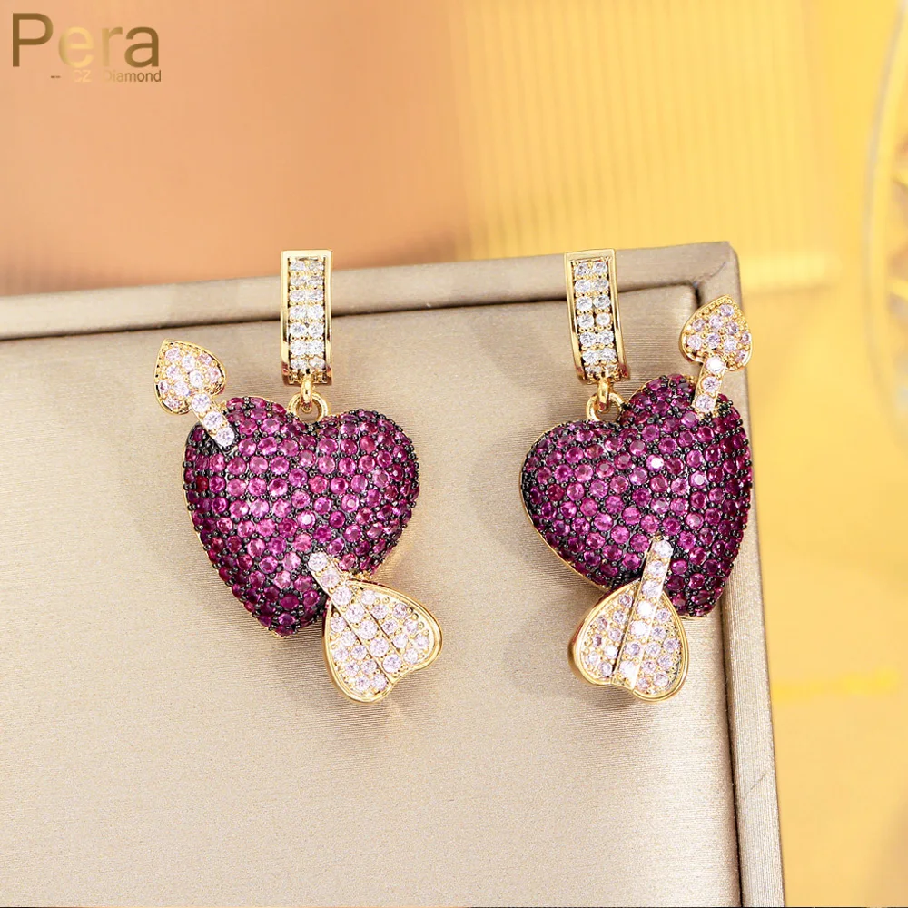 

Pera Creative Inlaid Rose Red CZ One Arrow Through Heart Design Piercing Drop Earrings for Women Engagement Jewelry Gift E047