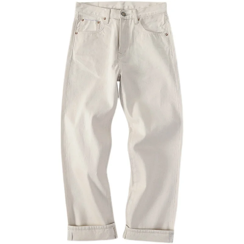 White Jeans for Men Selvedge Denim Mid Waist Pants Workwear Trend 2022