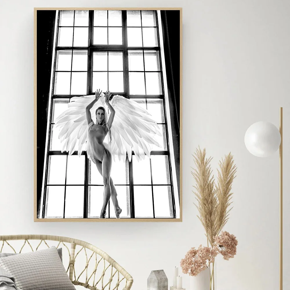 

Fashion Angel Wings Canvas Painting Ballet Girl Poster Black White Dance Pose Art Print Modern Wall Picture Living Bedroom Decor