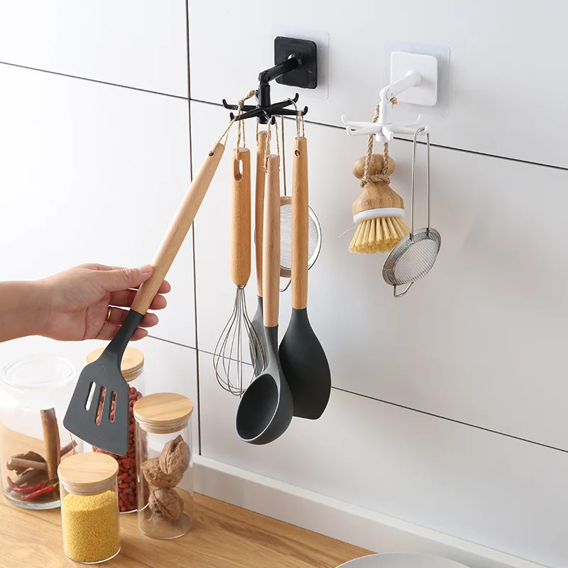 

Kitchen 360 Rotary Hook Wall Mounted Punch-free Kitchenware Storage Rack Cabinet Organizer Organizer Hook Up Spoon Holder Hanger