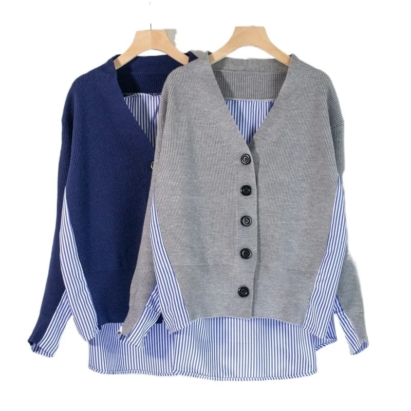 

New Colorfaith 2022 Spring Women's Sweaters Patchwork Srtiped Knitting V-Neck Stylish Knitted Button Cardigans Loose Tops