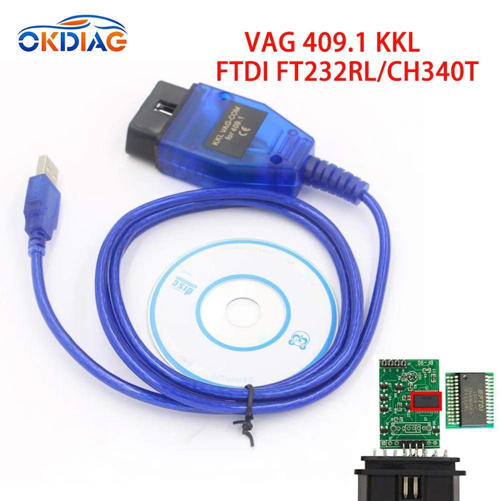 

OKDIAG VAG COM 409.1 KKL FTDI FT232RL/CH340T OBD OBD2 Car Diagnostic Interface Cable For VW/Audi/Skoda/Seat VAG-COM Scanner Tool