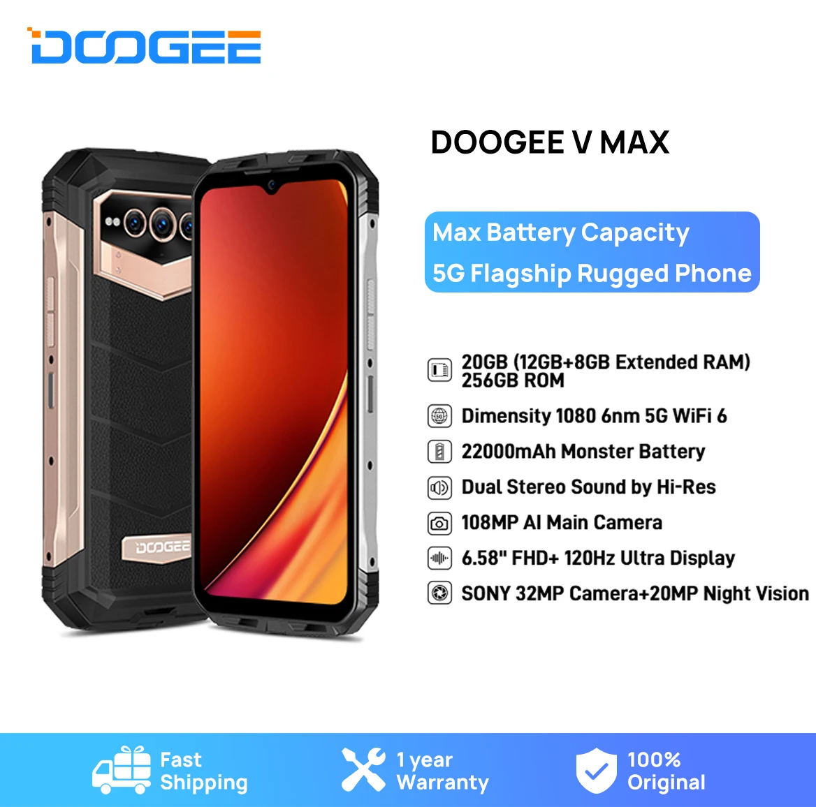 DOOGEE V Max 5G Rugged Phone 6.58" 120Hz Dimensity 1080 Hi-Res 108MP Camera 12GB RAM 256GB ROM 22000mAh Battery Smartphone