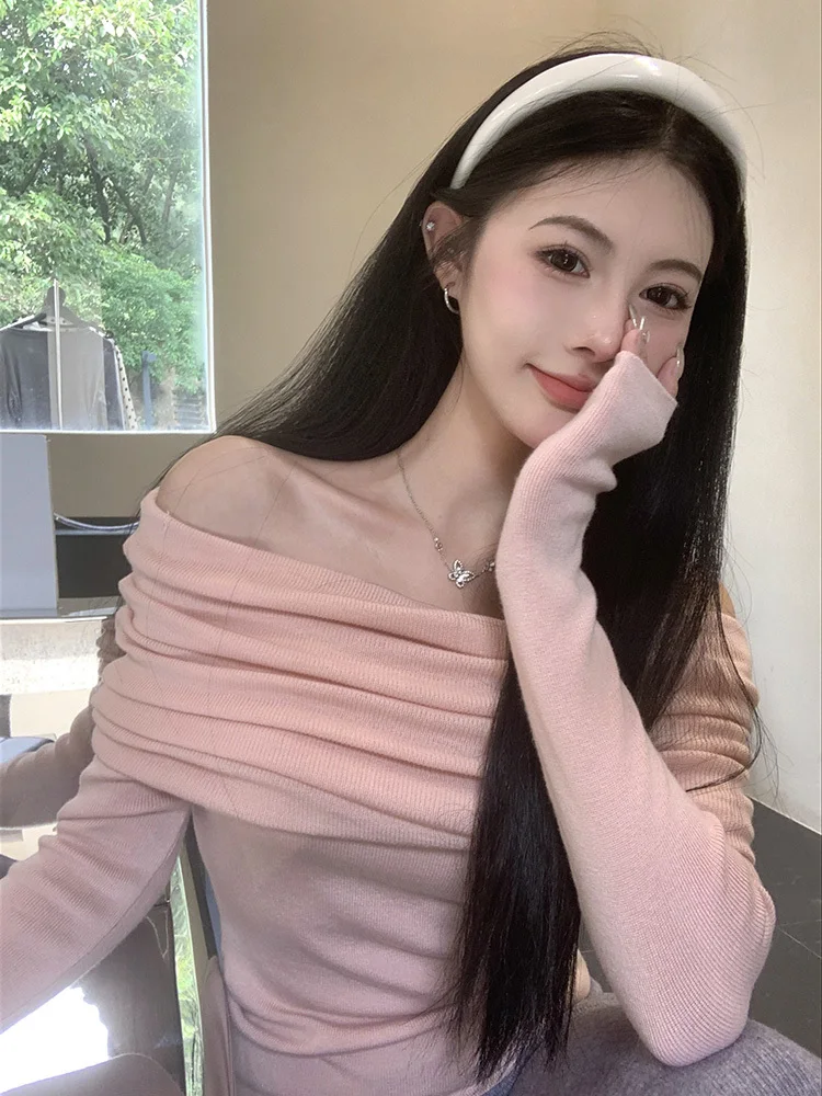 

Slash Neck Solid Women Sweaters Korean Fashion Vintage Autumn Winter Pullovers Elegant Off Shoulder Slim Pull Femme