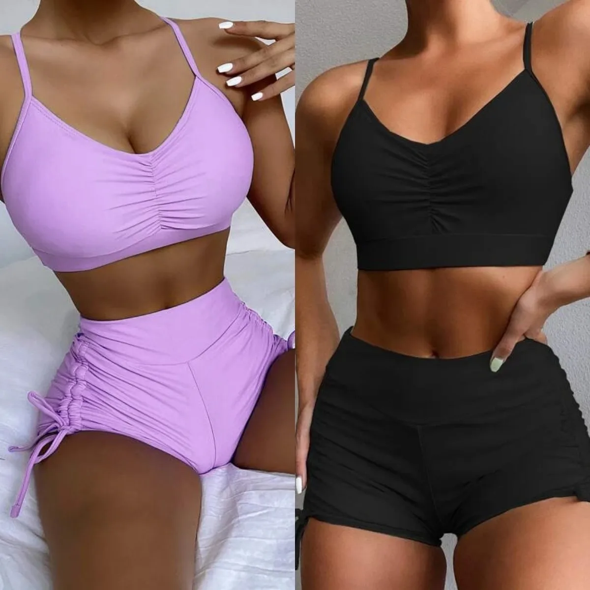 

European and American new pure color bikini sexy slim fit gathered high waist cover belly conservative split swimsuit woman