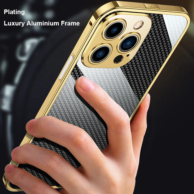 Plating Bumper Metal Case For iPhone 14 Pro MAX 13 12 11 14 Plus Aluminium Frame Phone Cover Camera Protector Carbon Fiber Film