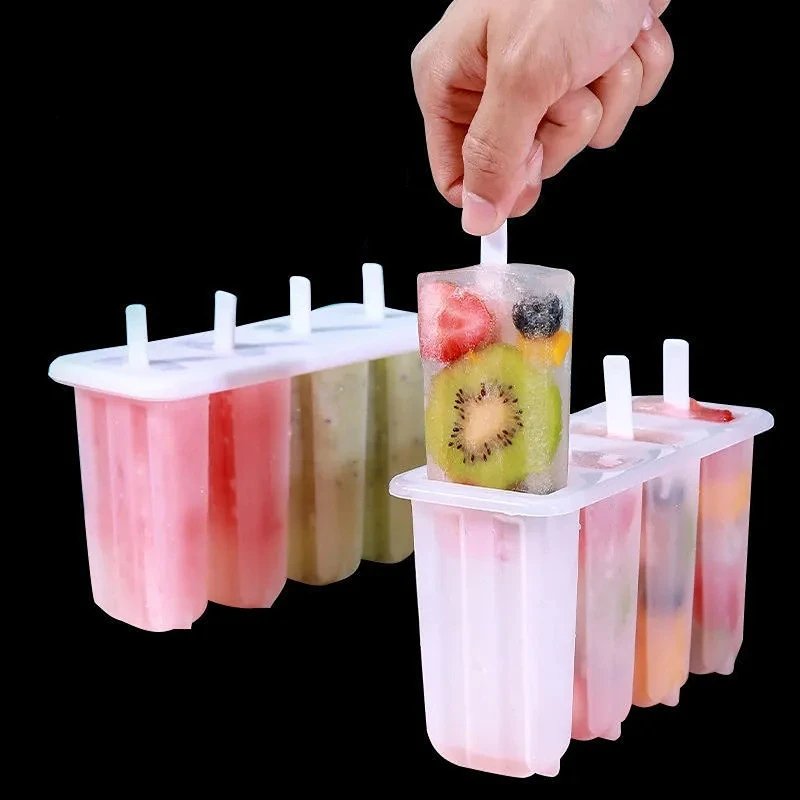 

4 Cell Plastic Ice Cream Mold with Lids DIY Reusable Cuet Popsicle Molds with Popsicle Stick Kitchen Gadgets and Accessories