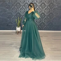 vintage green plus size formal evening dress puffy long sleeve v neck organza prom dresses floor length gowns custom made