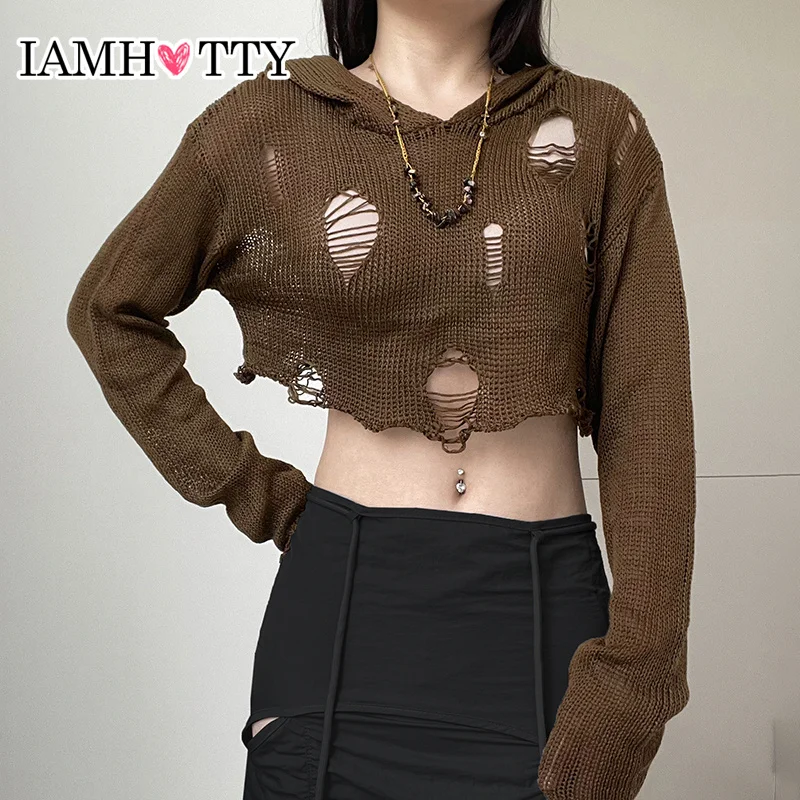 

IAMHOTTY Distressed Ripped Hole Hooded Sweater Pullover Women Retro Grunge Knitted Top Chic Elegant Street Cropped Loose Jumper