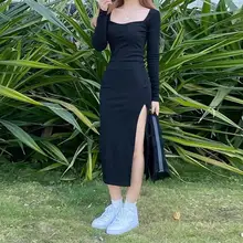 Robe à manches longues pour femmes, décontractée, fente latérale, Sexy, élégante, tendance, Streetwear, couleur Pure, col carré, Simple  (2)