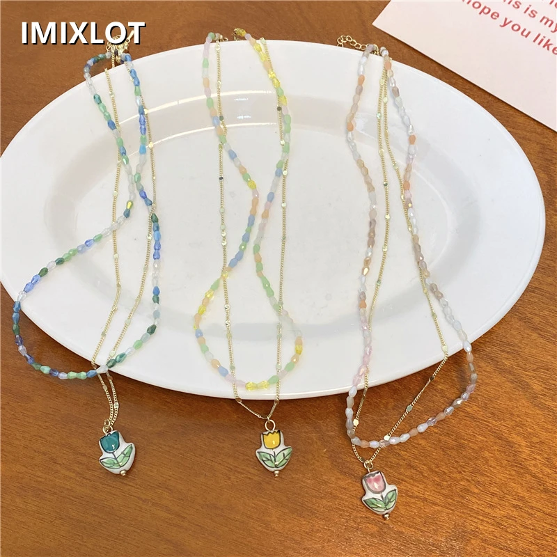 

Boho Rainbow Crystal Beads Beaded Flowers Pendant Double Layer Choker Necklace for Women Aesthetic Jewelry EMO Y2K Accessories