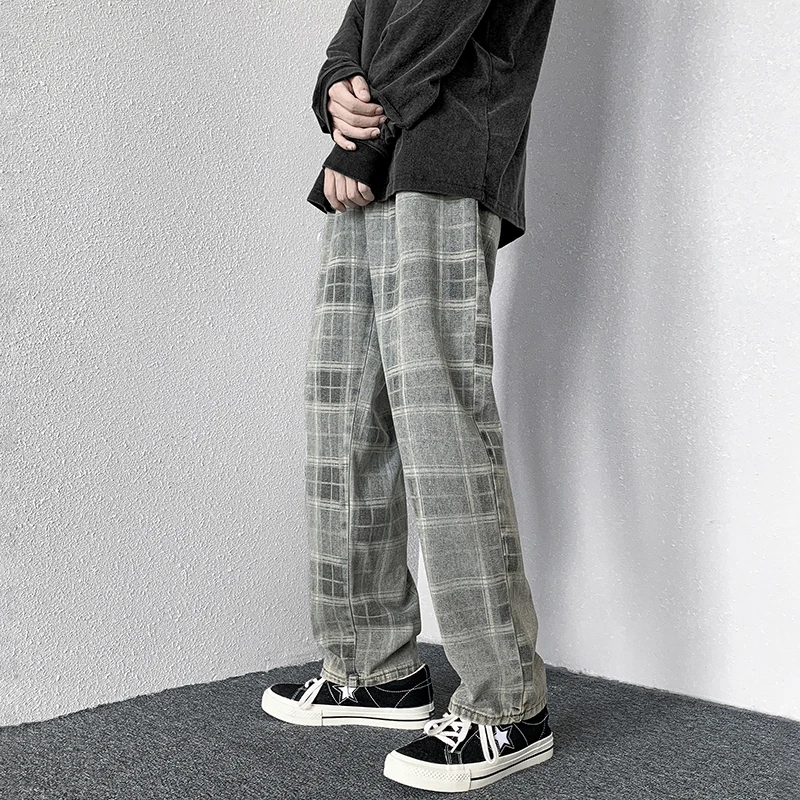 

Plaid Jeans Men Women 2022 Spring Autumn Korean Trend Vinatge Denim Pants All-match Wide-leg Hip Hop Jeans Punk Streetwear
