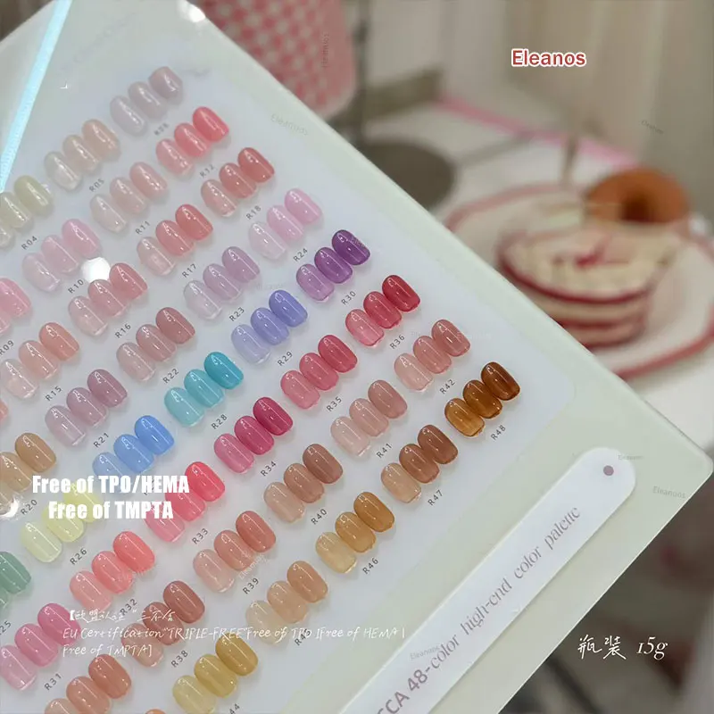 Фото Набор гель-лаков Eleanos TPO Free HEMA Free, 48 шт., цвета Jelly Opal, с палитрой, сиропный гель-набор для маникюрного салона, 15 мл, прозрачный УФ-гель №4