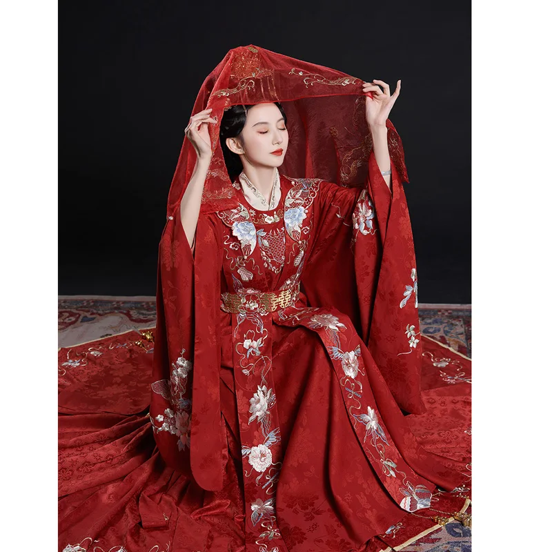 

ZhongLingJi Chinese Traditional Red Wedding Dress for Women Ming Dynasty Hanfu Exquisite Embroidered Xiapi Robe Horse Face Skirt