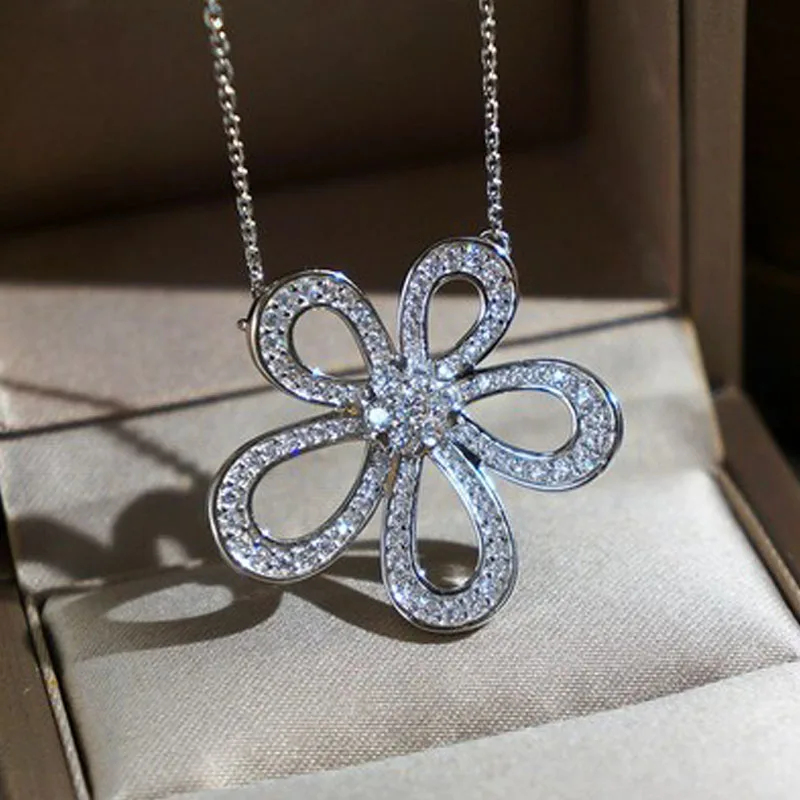 

New S925 Sterling Silver Full Diamond Hollow Flower Necklace Sun Flower Clavicle Chain Temperament Light Luxury Pendants