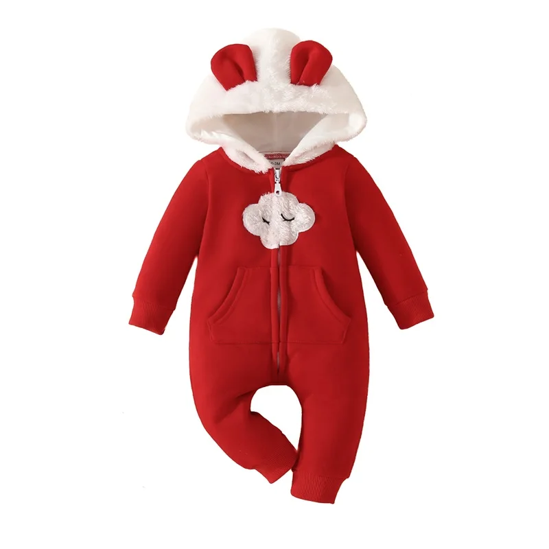 

Baby Winter Jumpsuits Newborn Cute Fuzzy Cloud Pattern Furry Hooded Rompers Infant Zipper Long Sleeve Bodysuit