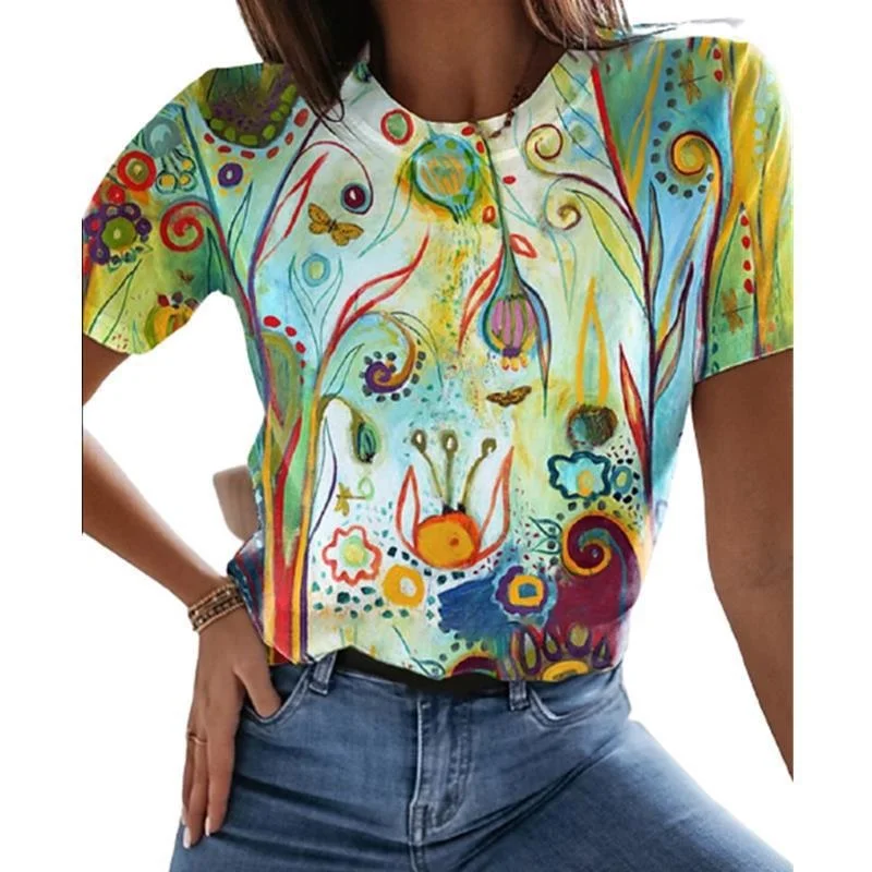 

Colorized 2021 Pullover Round Neck Abstract Painting Style Printed Street Trendsetter Short Sleeve Multicolor Loose T-shirt