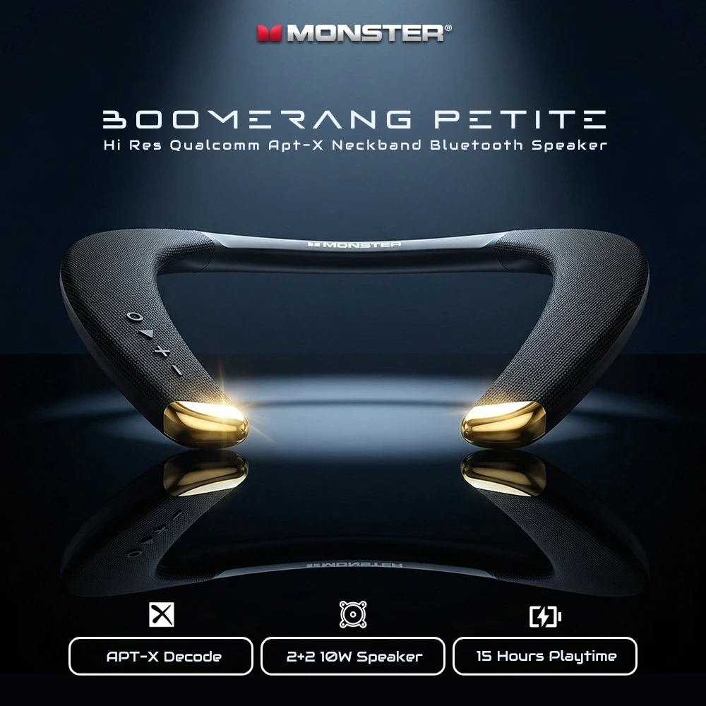 Фото Портативная Bluetooth-колонка Monster Boomerang Petite с креплением на шею, Hi-Res, Qualcomm APT-X, IPX5, беспроводная, с микрофоном №1