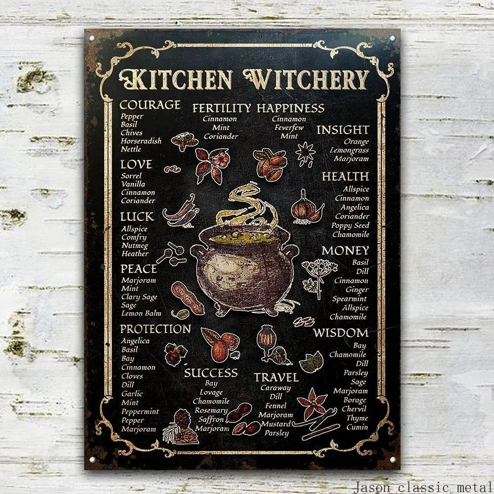 

Witch Kitchen Witchery Metal Sign Vintage Rust Styled House Decor Witches Magic Knowledge Kitchen Blessing Tin Signs