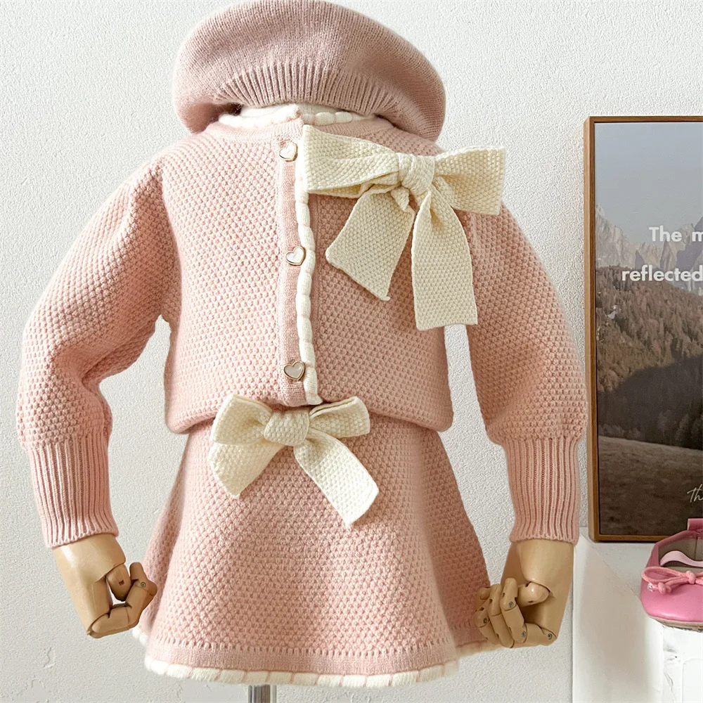 Осенне-зимний Кардиган с бантом для маленьких девочек + вязаная юбка комплект из 2