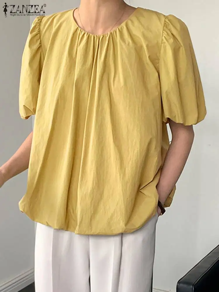 

2023 ZANZEA Summer Women Fashion Casual Holiday Party Shirt Solid Loose Tunic Tops Female Blusas Chemise Puff Sleeve Blouse