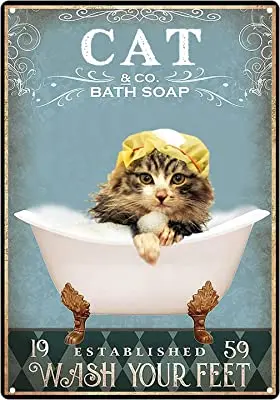 

Cat Bath Soap Wash Your Feet Sign Metal Tin Signs Wall Decor, Vintage Cat Wearing Shower Cap Taking A Bath In Bathtub Art Poster