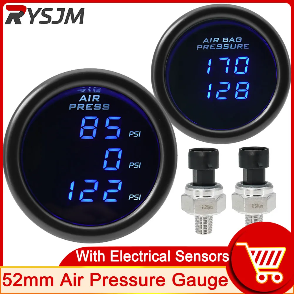 

HD 52MM Air Pressure Guage LED Digital Air Suspension Gauge with 1/8NPT Electrical Sensors 0-220PSI Triple Display Dual Display