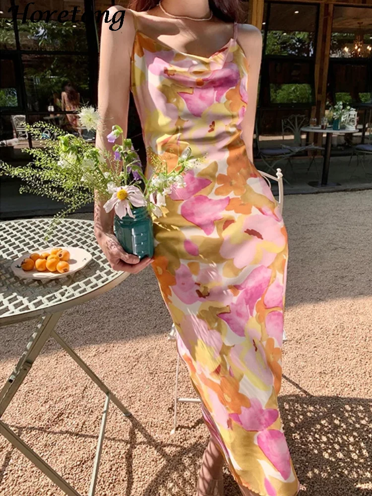 

Horetong Multicolor Spaghetti Strap Midi Dress Women's Summer Elegant Floral Print Bodycon Dresses Fashion Sexy Party Vestidos