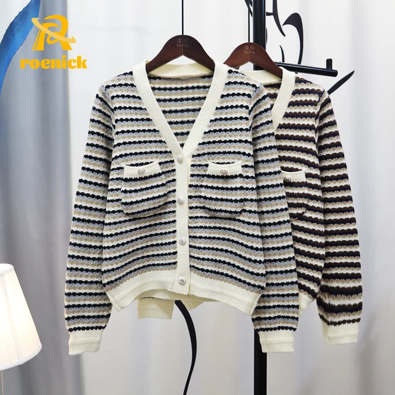 

ROENICK Women's Striped V-neck Sweaters Cardigans Female Autumn New French Temperament Short Knitwear Tide Pockets Knitted Tops