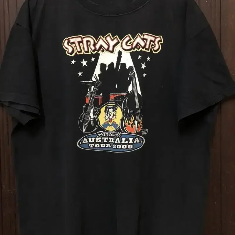 Фото Хлопковая черная футболка Vtg Stray Cats Farewell Australia Tour для мужчин Bt091 №1