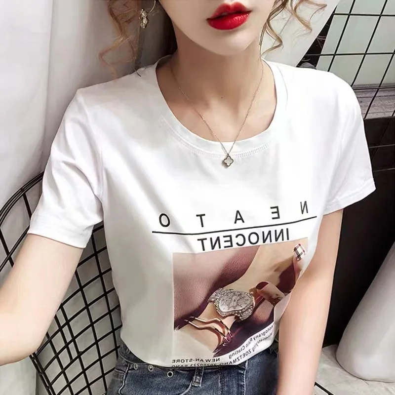 

2022 New Short-Sleeved Women's Korean Nersion Round Neck Summer Printing Loose Large Size Mulberry Silk Half-Sleeved Shirt Top