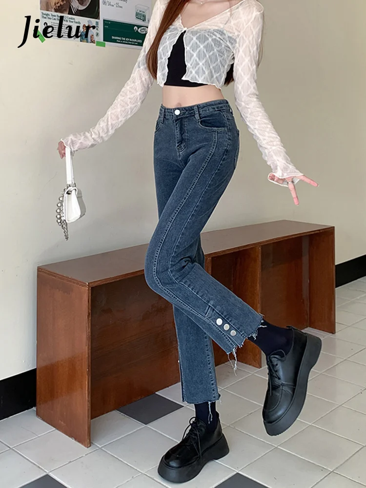

Casual Pencil Jeans Korean Pants Autumn Skinny High Waist Buttons Slim Straight-Leg Blue Denim Capri Pants Women S-XL