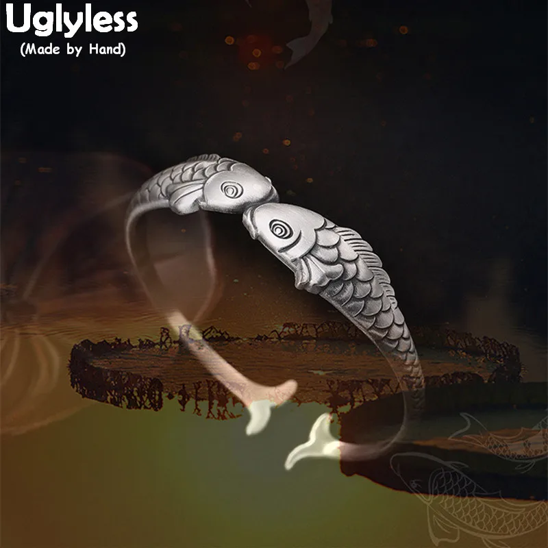 Uglyless Real S 990 Fine Silver Women Bangles Vintage Handmade Engraved Fishes Bangle Lovely Girls Ethnic Jewelry Exotic Bijoux