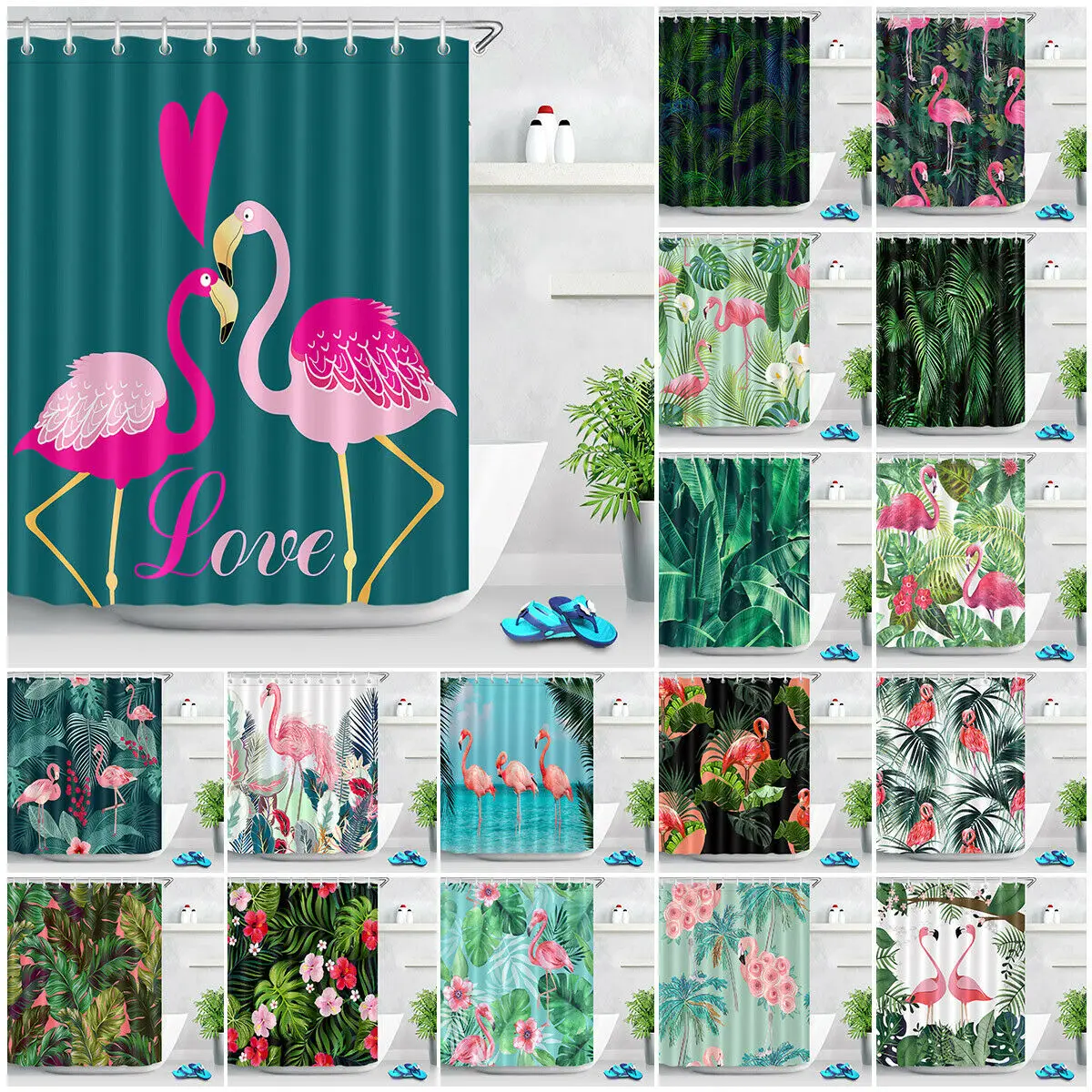 

Leafy Shower Curtain Set Tropical Palm Leaf Flower Flamingo Bathroom Decor with Hooks