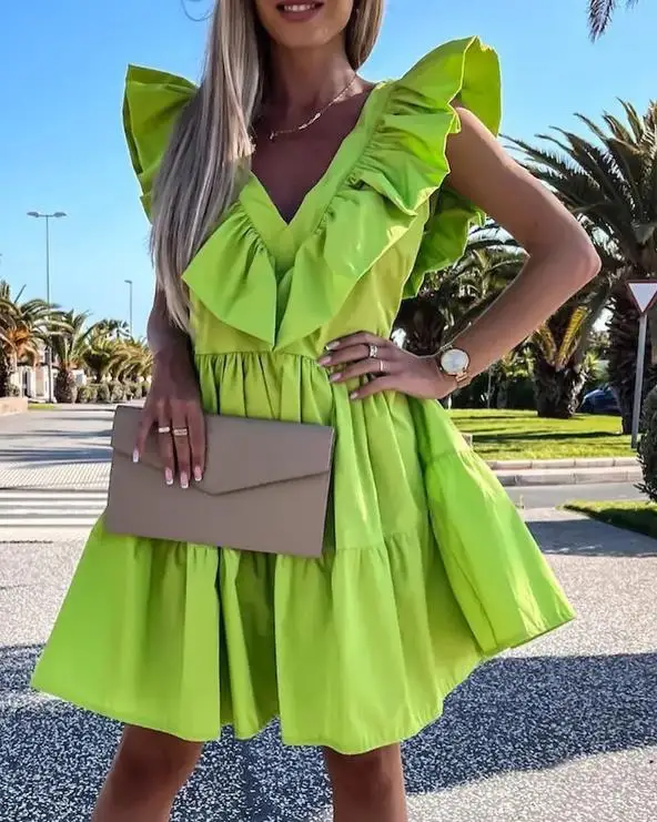 

Sexy V-Neck Green Ruffle Fashion Backless Mini Dress Hem Backless Dress for Women 2022 Summer New