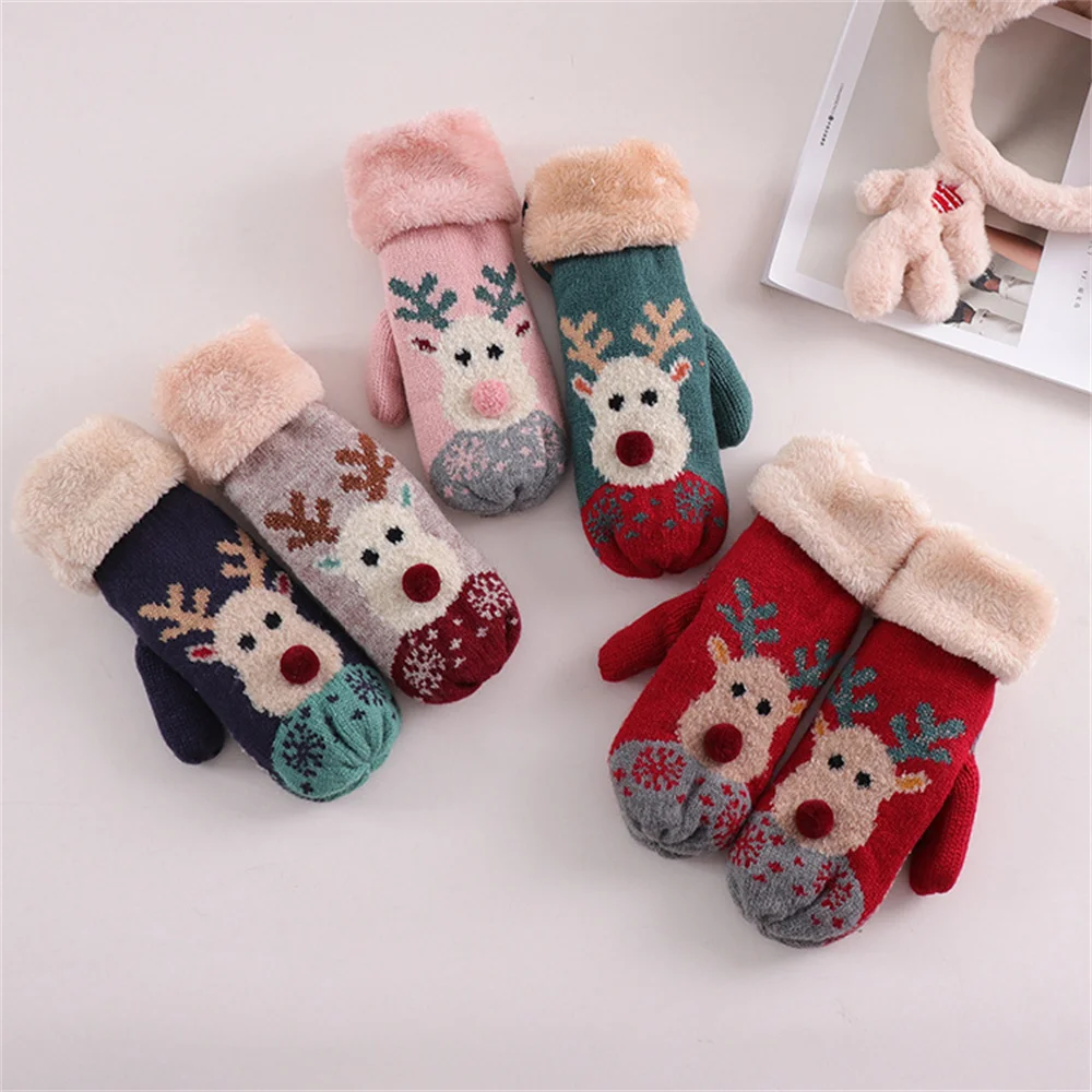 

1 Pair Winter Gloves Christmas Elk Deer Knitted Thicken Warm Gloves Full Finger Mittens for Women New Year Gifts