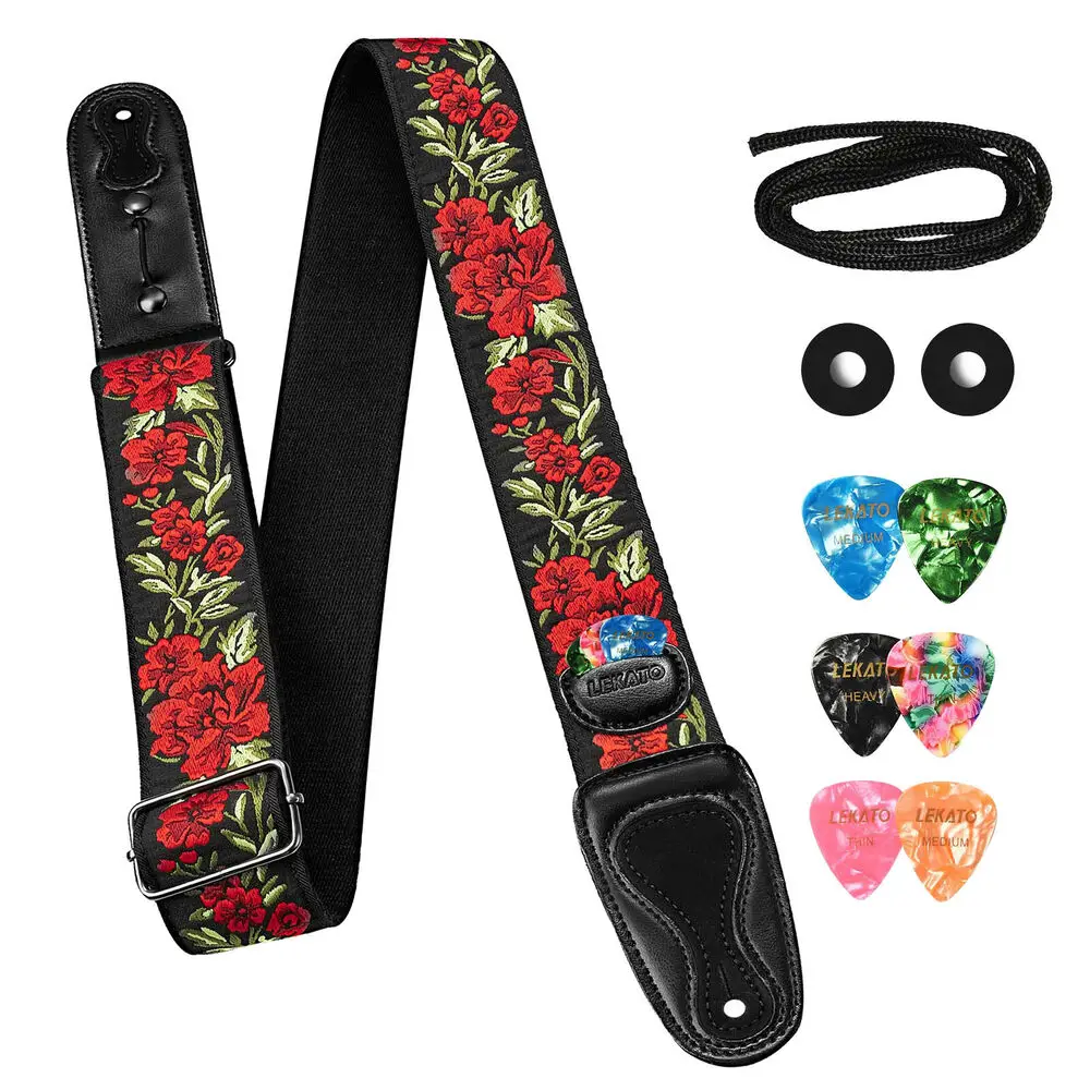 LEKATO LGS-6 Guitar Strap with 6 Picks 2 Locks for Electric Acoustic Guitar Bass for Electric Acoustic Wooden Guitar Bass Belts