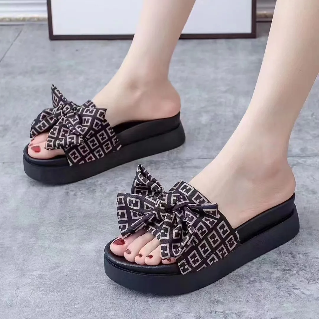 Women Bow Summer Sandals Slipper Indoor Outdoor Beach Shoes Summer Women's Shoes Flip Flops on The High Platform Flat Shoes