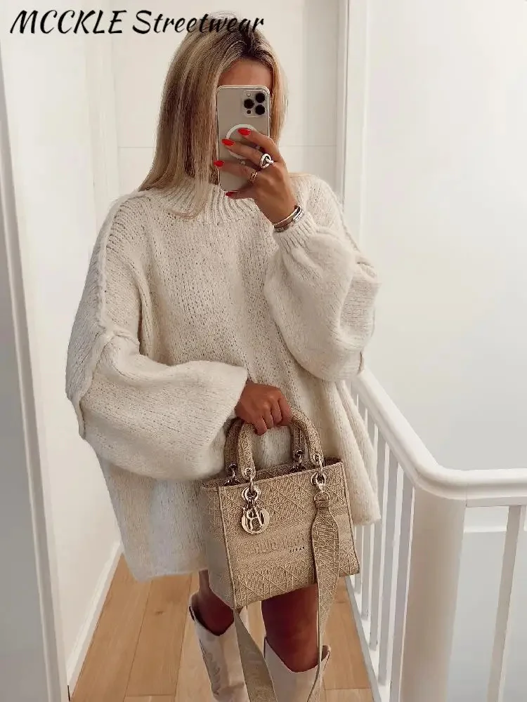 

Женский вязаный свитер свободного покроя, элегантный длинный вязаный пуловер с круглым вырезом и рукавами-фонариками, плотный однотонный Повседневный Топ на осень 2023