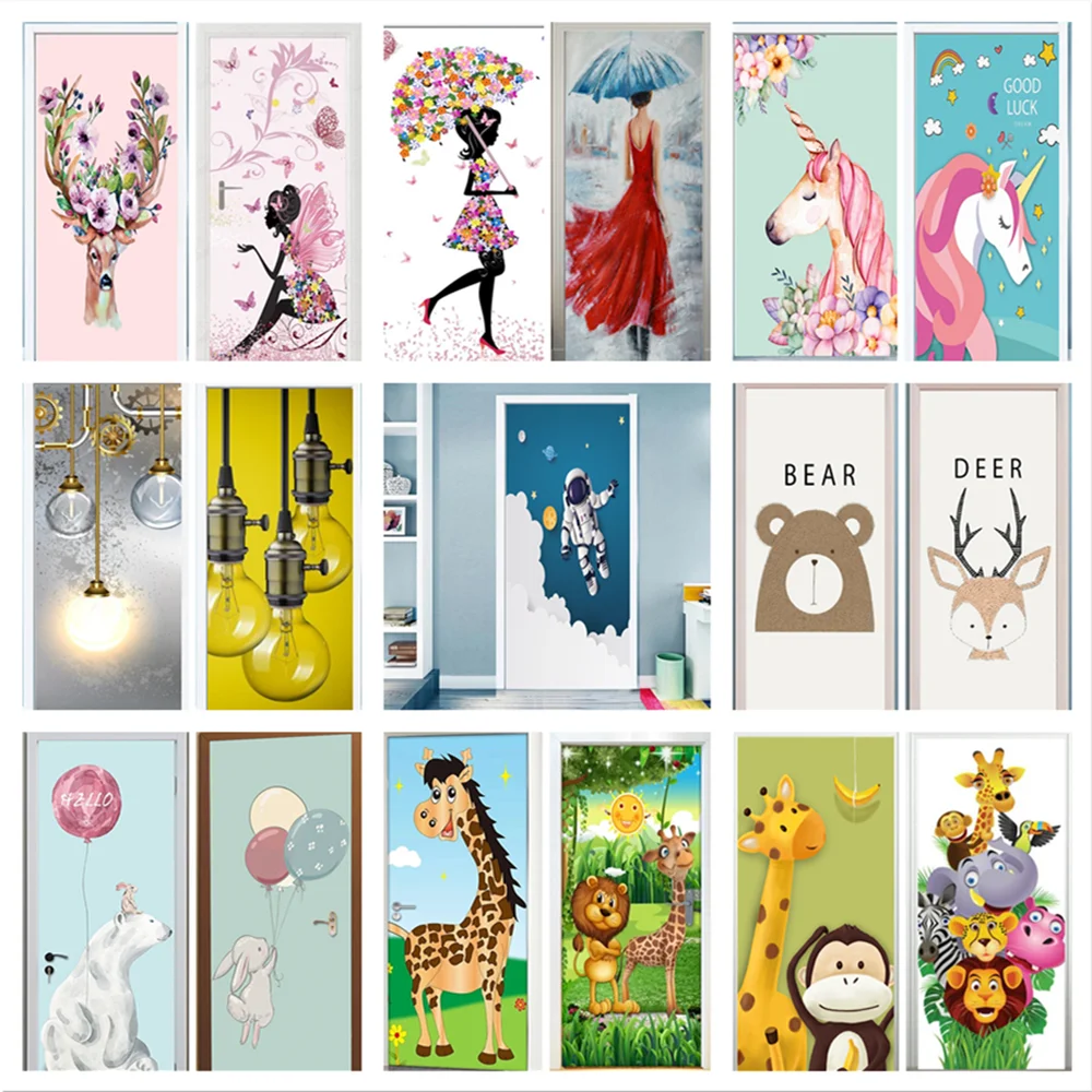 

Pink Girl Cartoon Door Stickers Wall Poster for Kids Room Unicorn Astronaut Self-adhesive Bedroom Wardrobe Glass Animal Mural