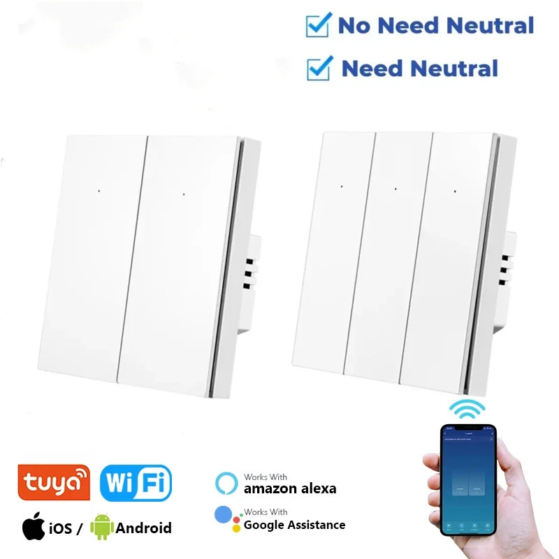 Умный выключатель Tuya настенный с Wi-Fi нулевой линией поддержкой Alexa/Google Home/Alice