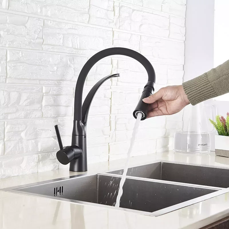 

Black Chrome Finish Kitchen Faucet Deck Mount Pull Sprayer Nozzle Hot & Cold Water Kitchen Sink Faucet Mixer Taps