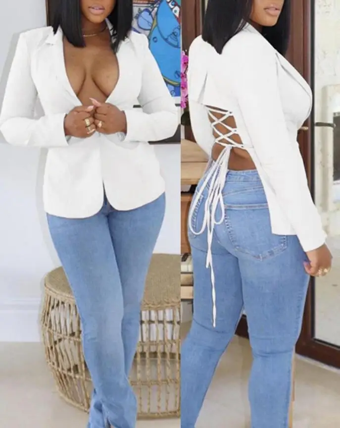 

Women Autumn Blazer Lace-Up Sexy Backless Lapel Collar Coat Korean Daily Long Sleeve Jacket Elegant Office Lady Wear