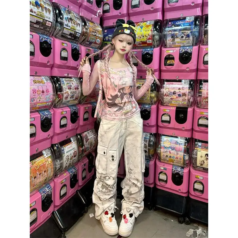 Sweet Gyaru розовая сетчатая рубашка с длинными рукавами и рисунком субкультуры