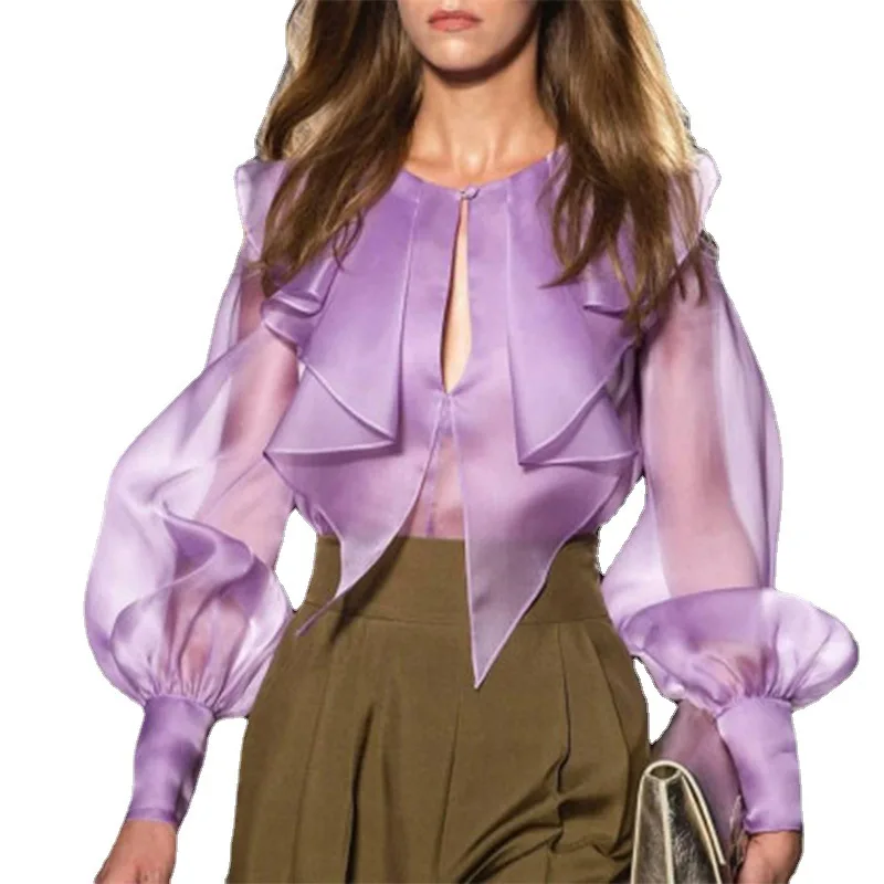 Women Purple Shirts Blouses Tops Long Lantern Steeves Office Ladies See Through Tops Fashion Clothes 2021 Party Birthday Blouse