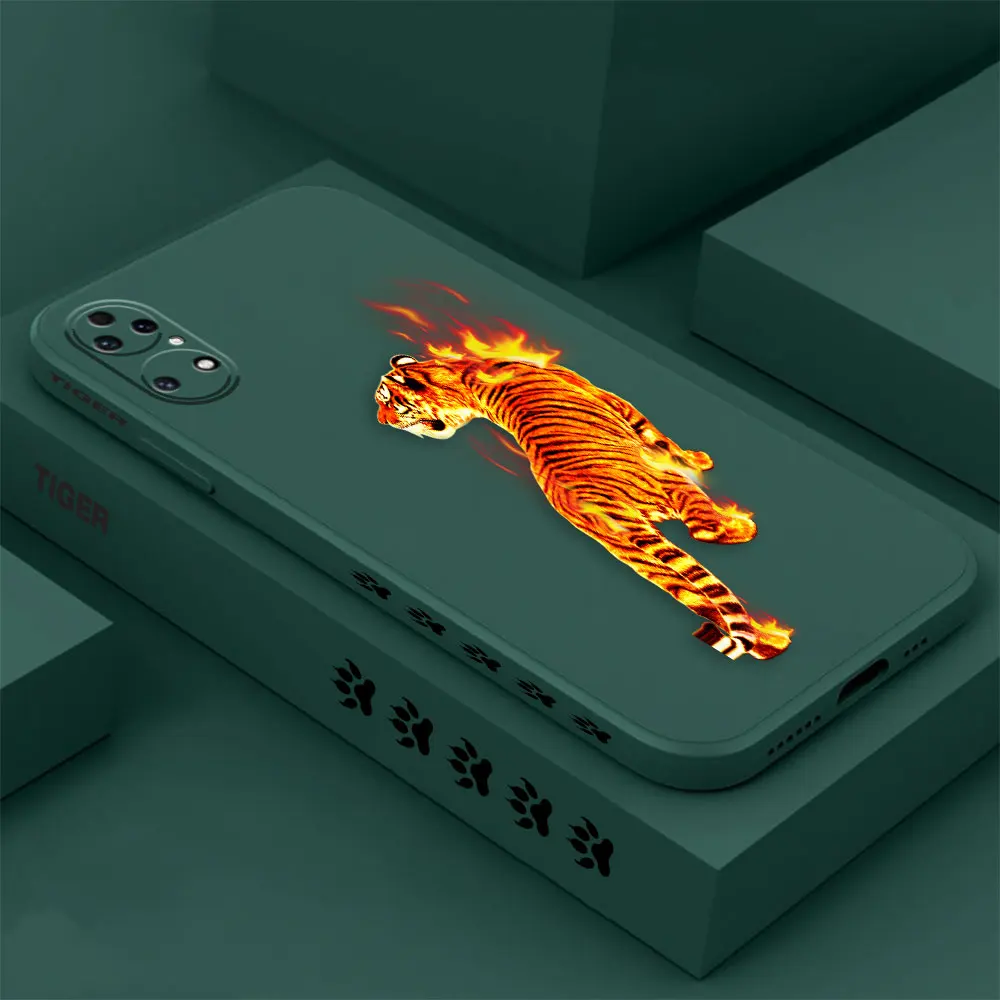 Fire Tiger Animal Phone Case For Huawei P60 P50 P40 P30 P20 Mate 50 40 30 20 20X 10 Colour Liquid Silicone Cover Funda Cqoue
