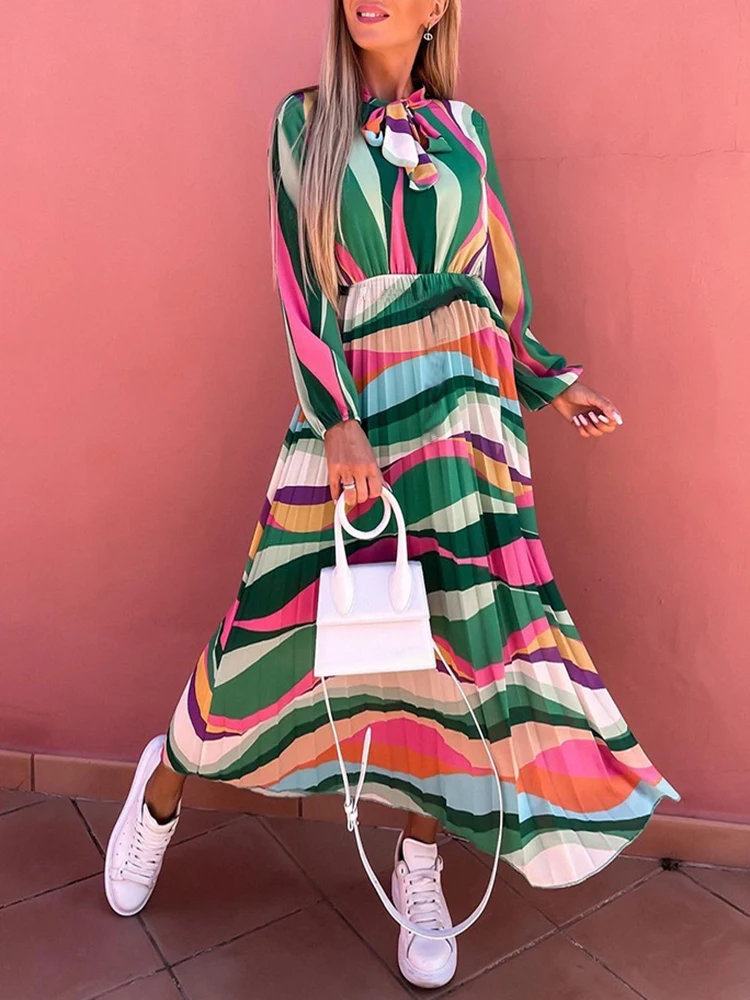 

Elegant Pleated Boho Long Dress Women Spring Autumn Casual Long Sleeve Bow Lace-up Dresses 2022 Ladies Colorful Patchwork Dress