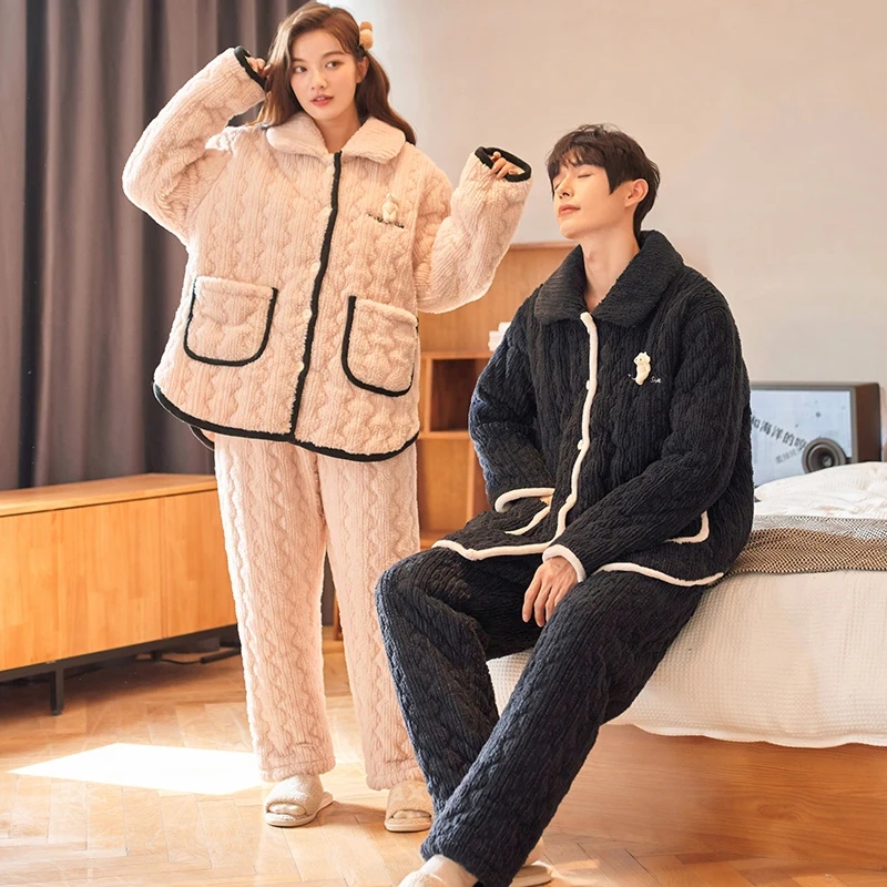 

Newest Couple Pajamas Set Winter Thick Home Clothing Warm Flannel Pyjama 3 Layer Cotton Pajamas
