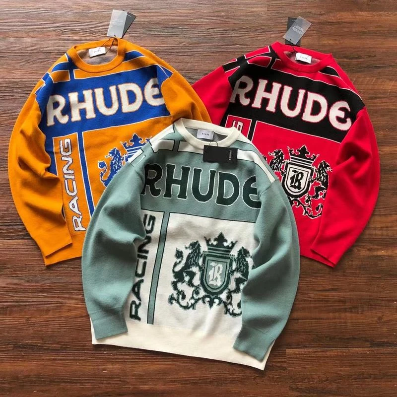 

Rhude Knitted Sweater Men Women Oversized Colour Matching Jacquard Logo Sweatshirts